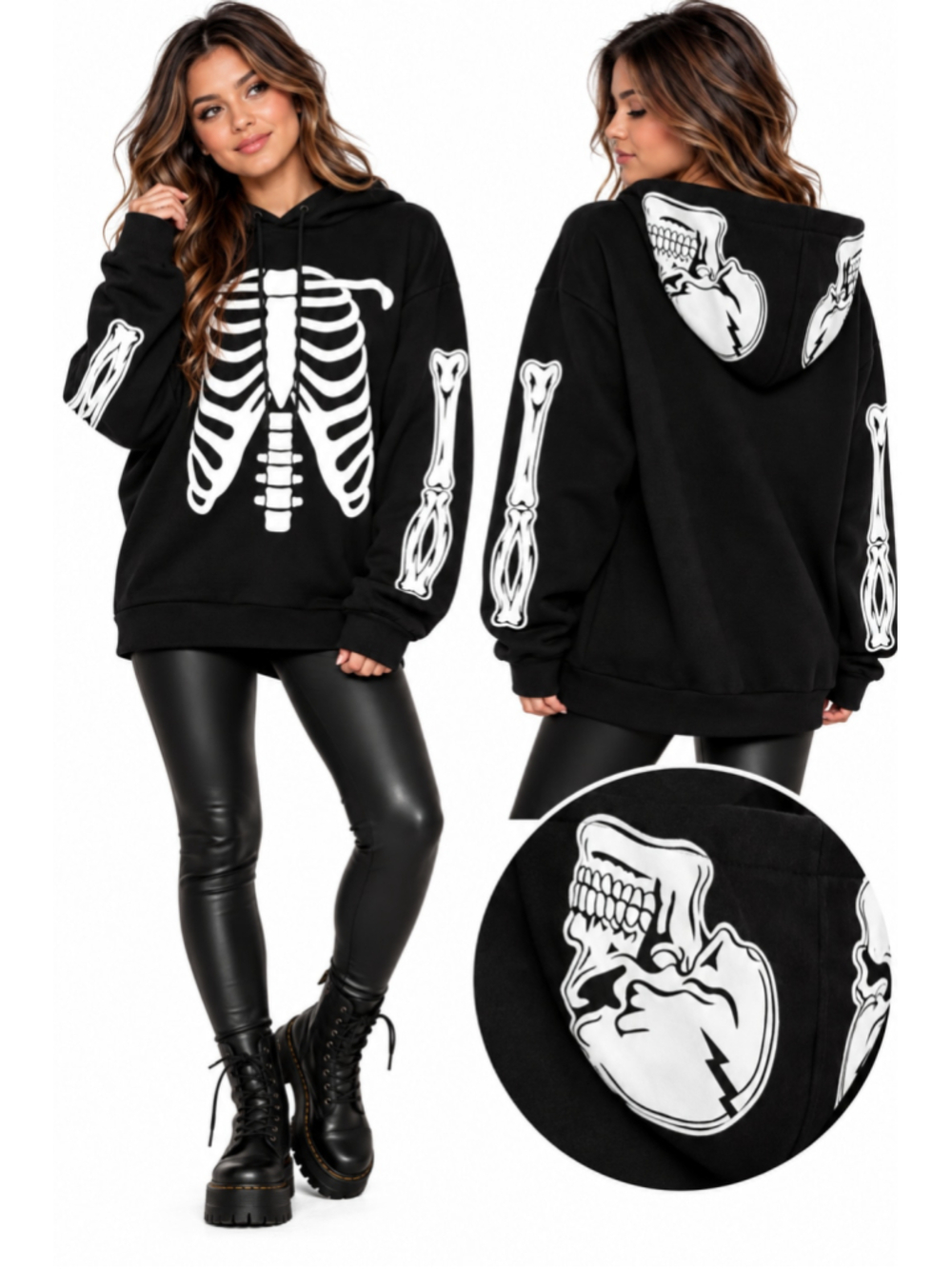 SHEIN Black Skeleton Rib Cage Skull Hoodie Y2K Goth Halloween Size M